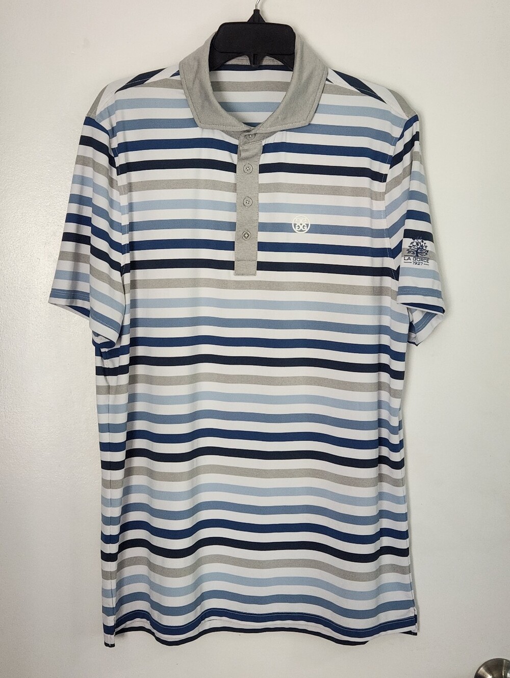 G/Fore Mens golf polo Stripe Tech Jersey White Navy Stripe Size Large READ
